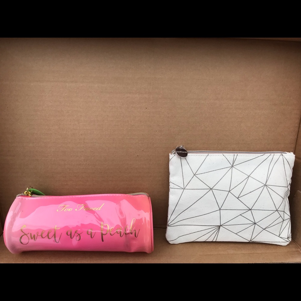 Too Faced and Bare Minerals makeup bags and makeup